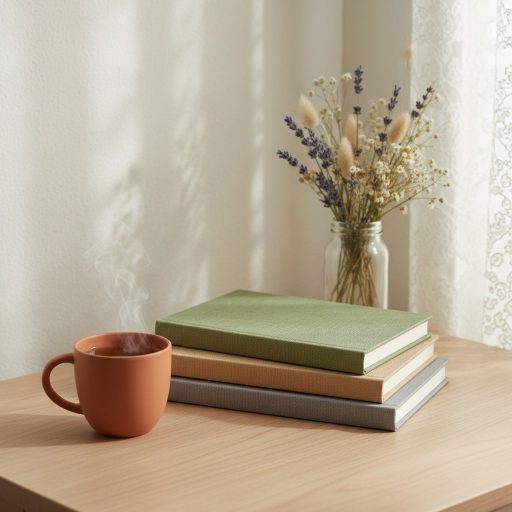 A stack of books in various colors with a mug to the left, sitting on a wooden table in front of a window with a vase of d...